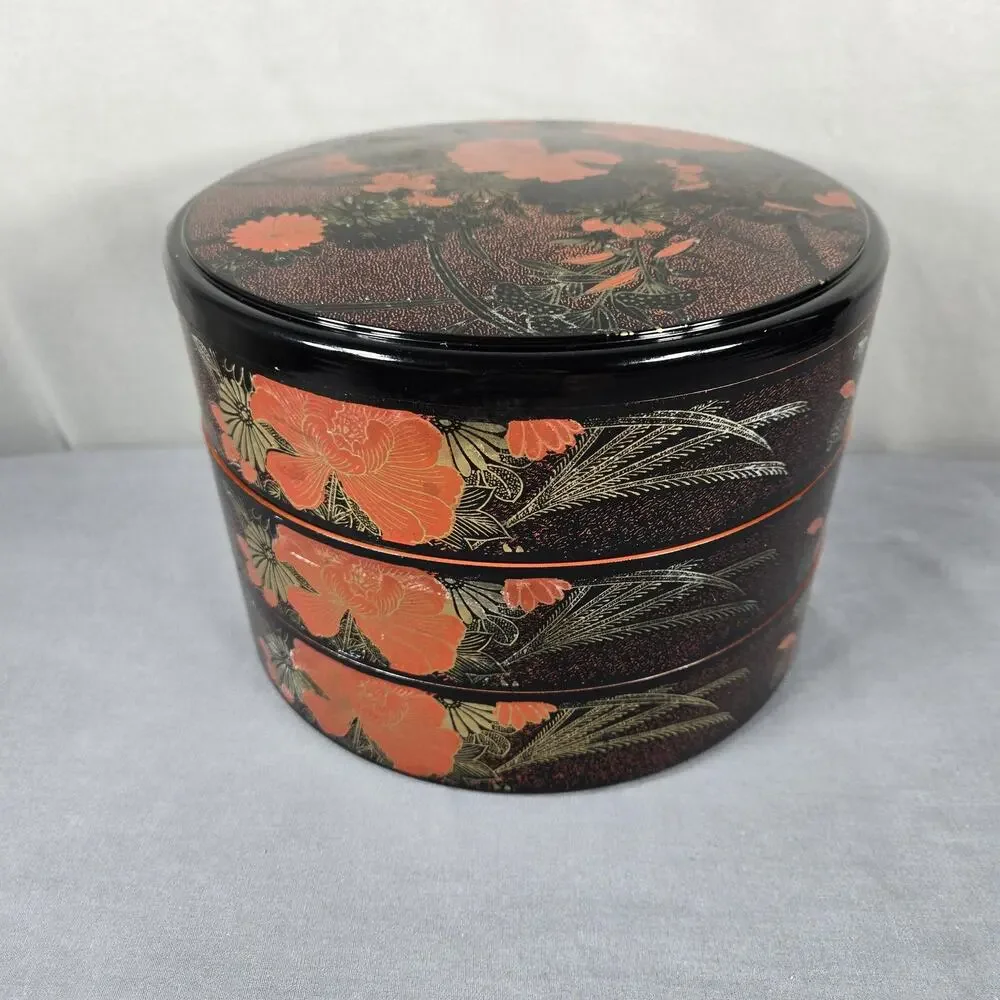 Japanese Lacquer Style Stacking Box Set Floral 3 Tier Red Black Decorative Round